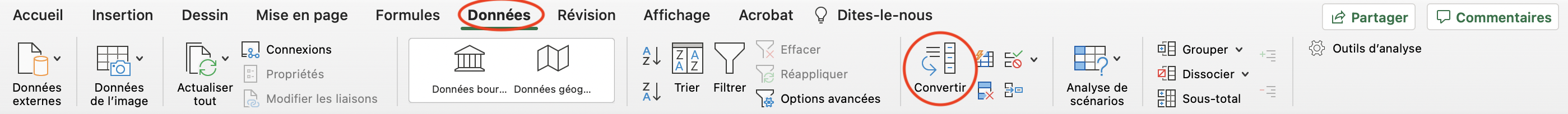 Cliquez sur Données puis Convertir&nbsp;