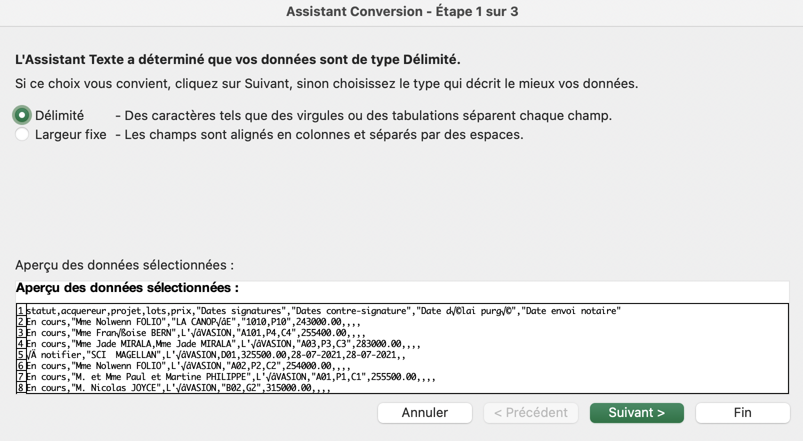 Étape 1 sur 3 : Cochez « Délimité », puis cliquez sur « Suivant > »