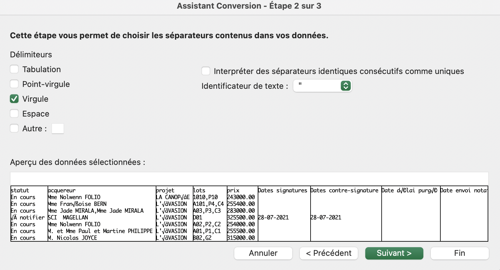 Étape 2 sur 3 : Cochez « Virgule », puis cliquez sur « Suivant > »