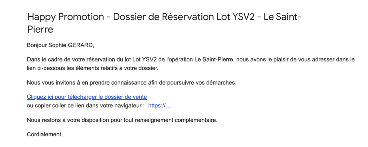 Notification mail envoi du dossier aux acquéreurs